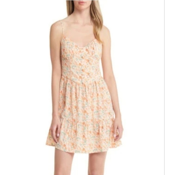 New All in Favor Size XL Floral Pleat Bodice Tiered Sundress Orange Floral - Picture 3 of 12